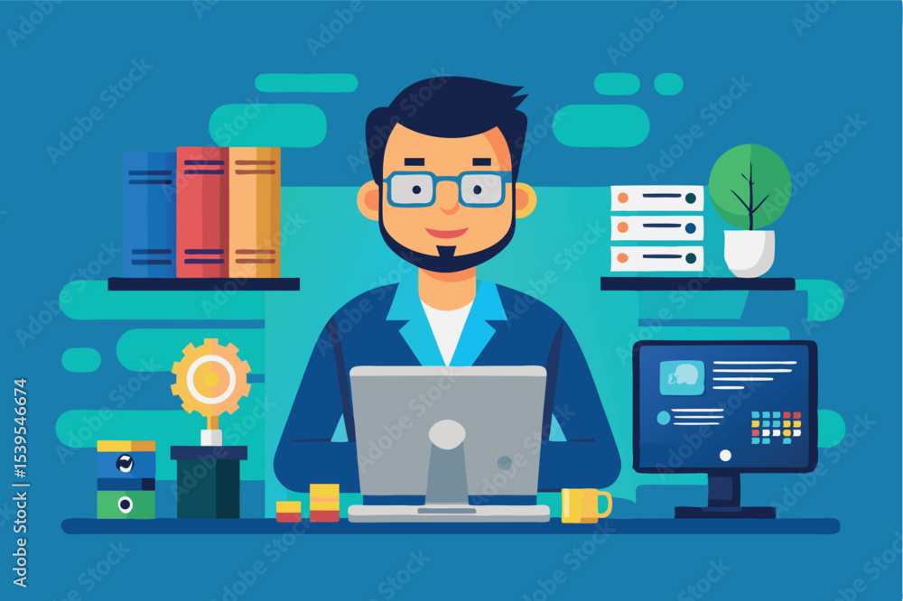 Aufkleber young man working at a desk with computer and books in a modern workspace during daytime