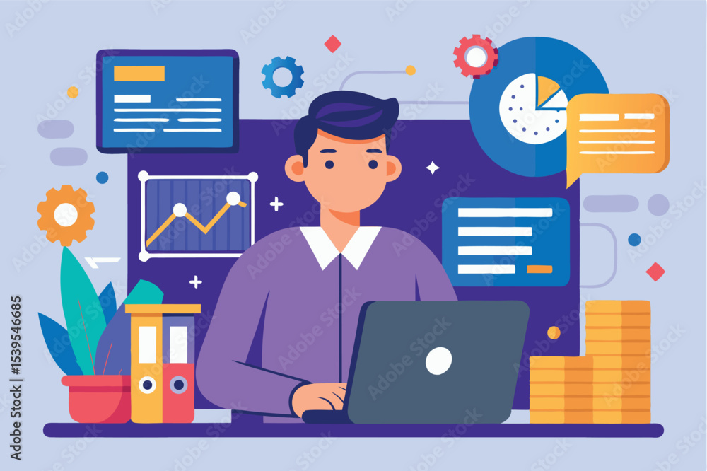 Poster professional working on a laptop surrounded by charts and data analysis tools in a digital workspace