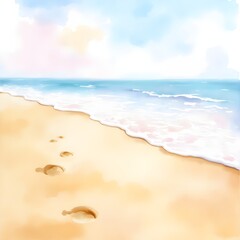 Watercolor Beach Scene with Footprints