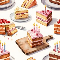 Assorted Watercolor Cakes with Candles and Fillings