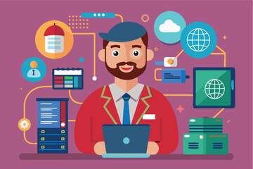Fototapeta premium Professional man working on laptop with digital elements in modern office environment during bright day