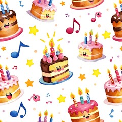 Cartoon Birthday Cakes Seamless Pattern
