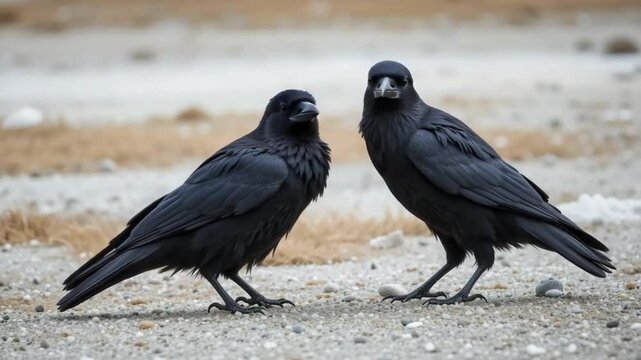 Two Ravens Interacting on Ground, Close Up, Nature's Beauty Unveiled, Crows