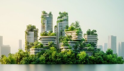 Fototapeta premium Verdant city island with tall buildings covered in lush vegetation