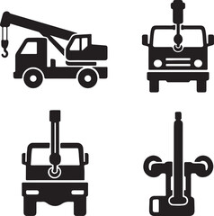 Truck crane silhouette icons set side, front, back, and top views vector art illustration.