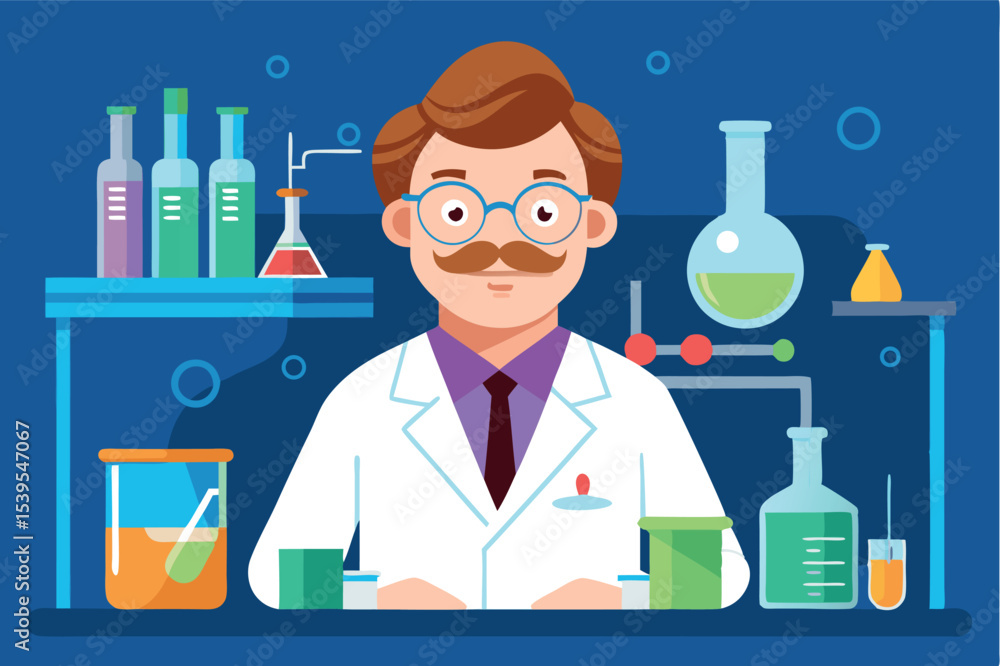 Poster scientist conducting experiments in a colorful laboratory during a daytime session of research and d