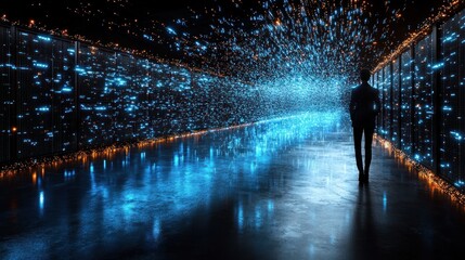 Person walks through data center corridor.