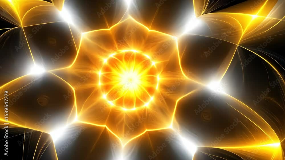 Poster a radiant abstract design of golden light explodes across a dark space.