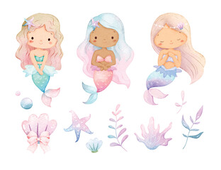 Watercolor Illustration Set of Cute Mermaids and Sea Creature