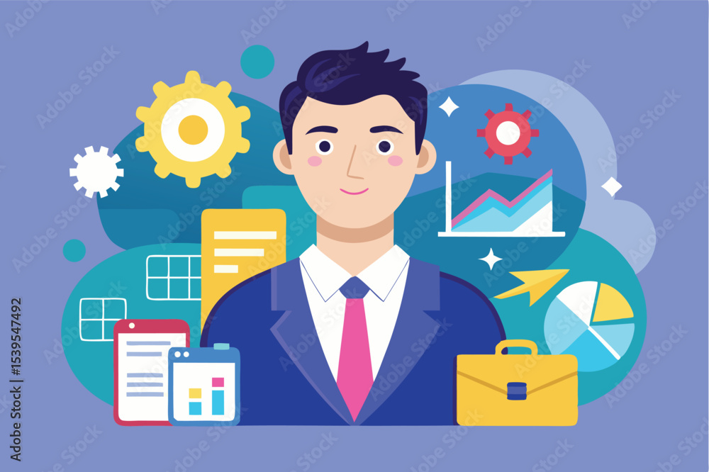 Poster business professional with data analysis tools and graphs in a digital workspace setting