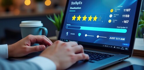 A person using a laptop displaying a rating interface with stars and numerical scores, alongside a coffee cup and a plant on the desk in a cozy setting.