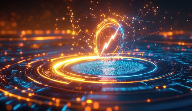 Abstract digital graphic of a glowing, energy-bursting circular interface