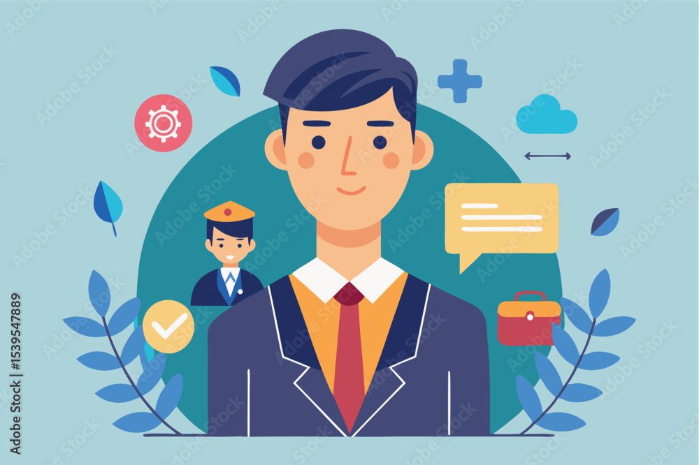 Aufkleber professional man in suit with icons representing various professions and tools in a digital setting