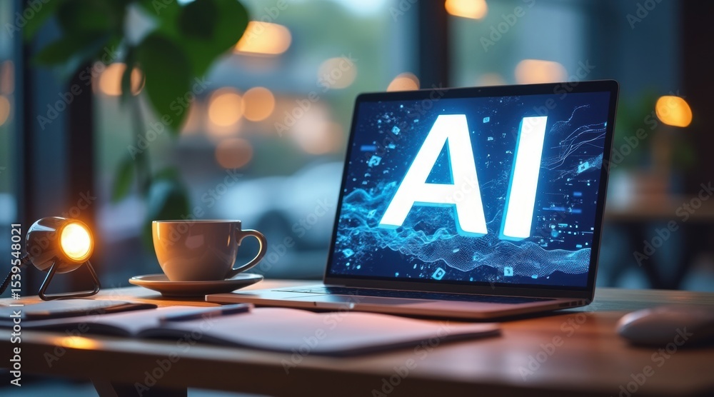 Aufkleber laptop on a desk displays 