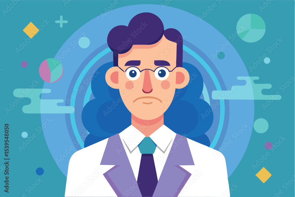 Poster digital illustration of a scientist with glasses in a colorful abstract background