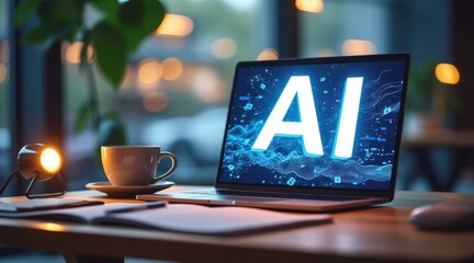 Laptop on a desk displays "AI" with digital data graphics, next to a coffee cup and a small light, suggesting a workspace focused on artificial intelligence and technology.