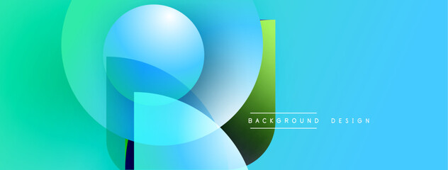 Abstract geometric shapes overlap. Blue, green gradients create modern banner design. Text reads background design. Minimalist aesthetic.