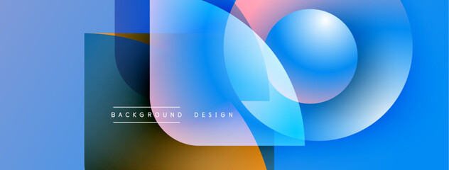 Abstract geometric shapes, vibrant blue hues dominate design. Overlapping layers create depth, modern aesthetic. Text reads background design.