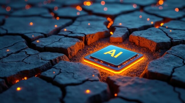 A glowing AI chip embedded in cracked, dry earth with fiery embers illuminating the cracks, symbolizing the fusion of technology and a harsh environment.