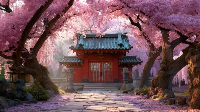Cherry Blossom Trees Framing Traditional Japanese Shrine Pathway in Soft Natural Light