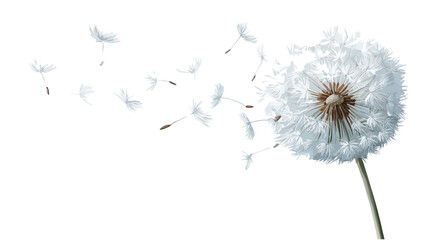 A close-up, macro shot of a dandelion seed head against a pure white background.  The majority of the seed head is intact, showing a spherical puff of white, fluffy seeds.  Many individual seeds