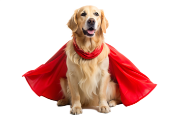 Golden Retriever Dog Wearing Red Superhero Cape Sitting Isolated on a transparent background puppy canine