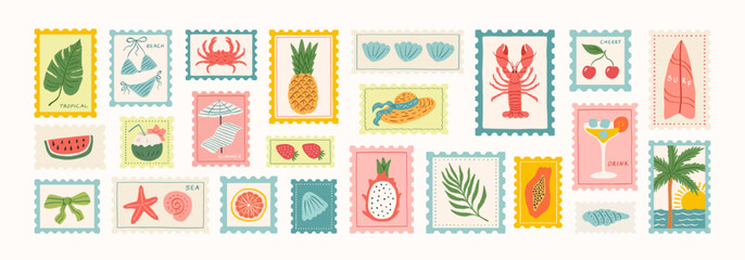 Set of tropical summer postage stamp. Vintage beach vacation stickers. Hand drawn palm tree, lobster, seashell, umbrella, cherry, cocktail, surfboard, fruits. Vector trendy illustration.