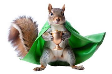Gray Squirrel Superhero in Green Cape Holding Golden Chalice Isolated on a transparent background image