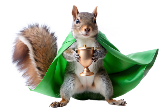 Gray Squirrel Superhero in Green Cape Holding Golden Chalice Isolated on a transparent background image