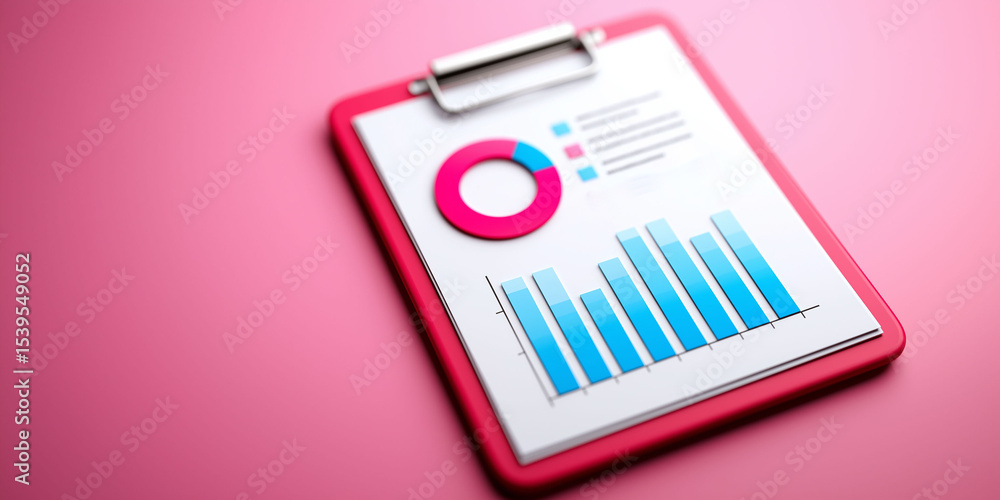 Poster a pink background with a clipboard displaying charts and data, creating a visually appealing represe