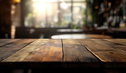 Wooden table top, out of focus cafe background