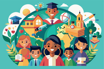 Fototapeta premium Diverse group of students celebrating education with symbols of success and growth in a vibrant illustration