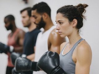Woman boxing glove athlete gym diverse focus training Focused woman athlete wearing boxing gloves diverse group training gym