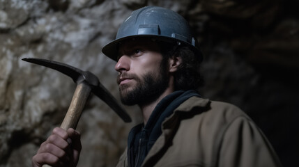 Fototapeta premium Male miner holding pickaxe underground cave, wearing helmet, focused expression, rugged, mining work, low light