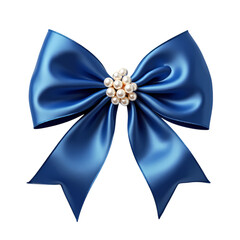 A shiny blue satin bow with pearl embellishment on black isolated on transparent background