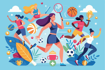 Women engaging in various sports activities with vibrant colors and dynamic movements in a lively outdoor setting