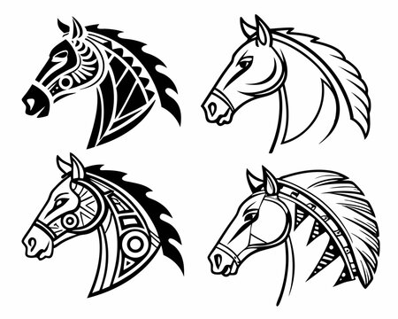 "Set of Stylized Horse Head Vector Illustrations in Tribal and Geometric Designs &ndash; Black and White"