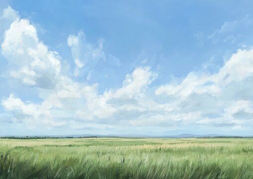 Wide, painted landscape of a vast grassy field under a partly cloudy sky