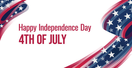 Happy Independence Day 4th of July banner with USA patriotic ribbon, stars and stripes. American national holiday greeting card, modern background.