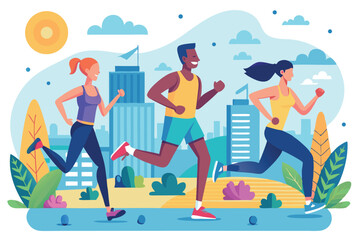 Fototapeta premium Runners enjoying a vibrant city park on a sunny day with lush greenery and modern skyline backdrop