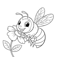 Cute cartoon bee on flower coloring page for kids and adults printable vector illustration on transparent background
