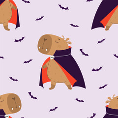 Pattern with capybara in Dracula vampire costume