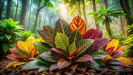 Exotic multicolored tropical leaves in a colorful cluster on the forest floor