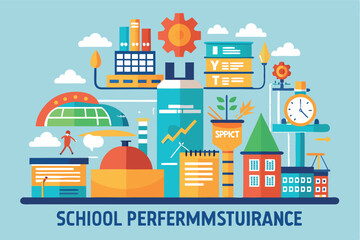 Fototapeta premium Colorful illustration depicting various elements of school infrastructure and performance management concepts in a vibrant design