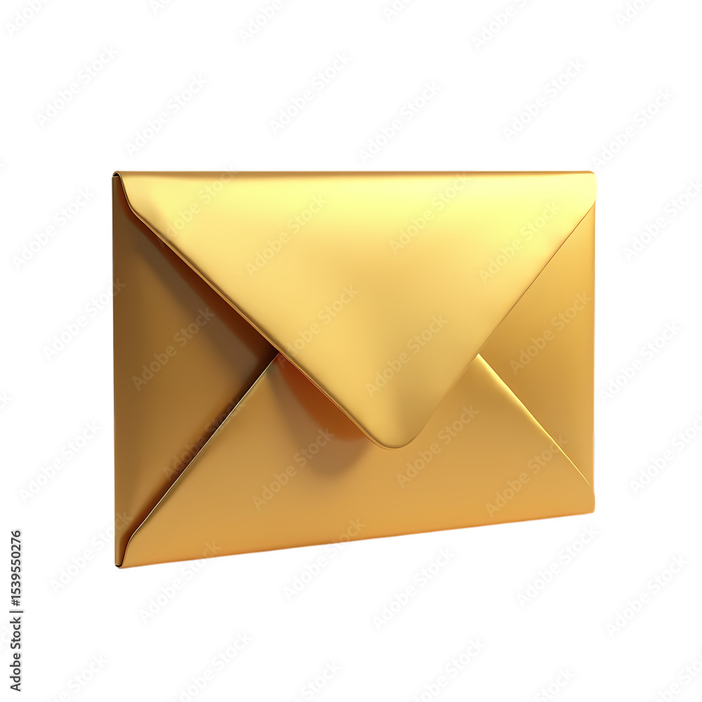 Poster a single closed golden envelope view isolated on transparent background