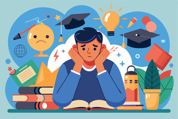 Student feeling overwhelmed with studies and assignments in a colorful academic environment