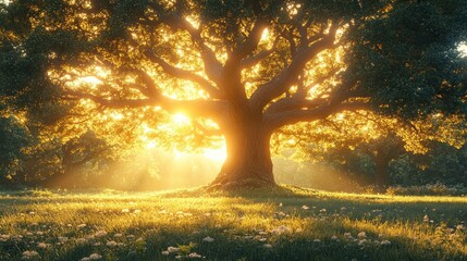 Sunlight shines through large tree.