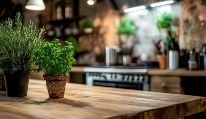 Fresh herbs on rustic kitchen counter