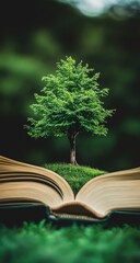 Small tree sprouting from an open book, amidst nature