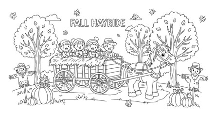 Fall hayride coloring page for kids autumn scene with horse wagon pumpkins and scarecrows on transparent background